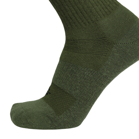 An olive green athletic sock shown on a foot form, highlighting its ribbed knit texture and reinforced zones on the toe and arch, set against a plain white background.