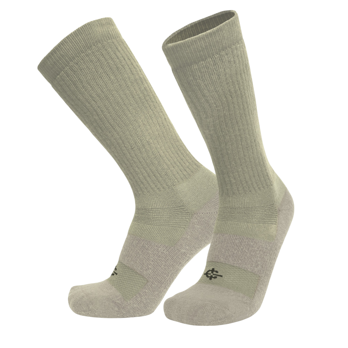 A pair of ribbed crew socks in a muted sage green color, shown against a plain white background.