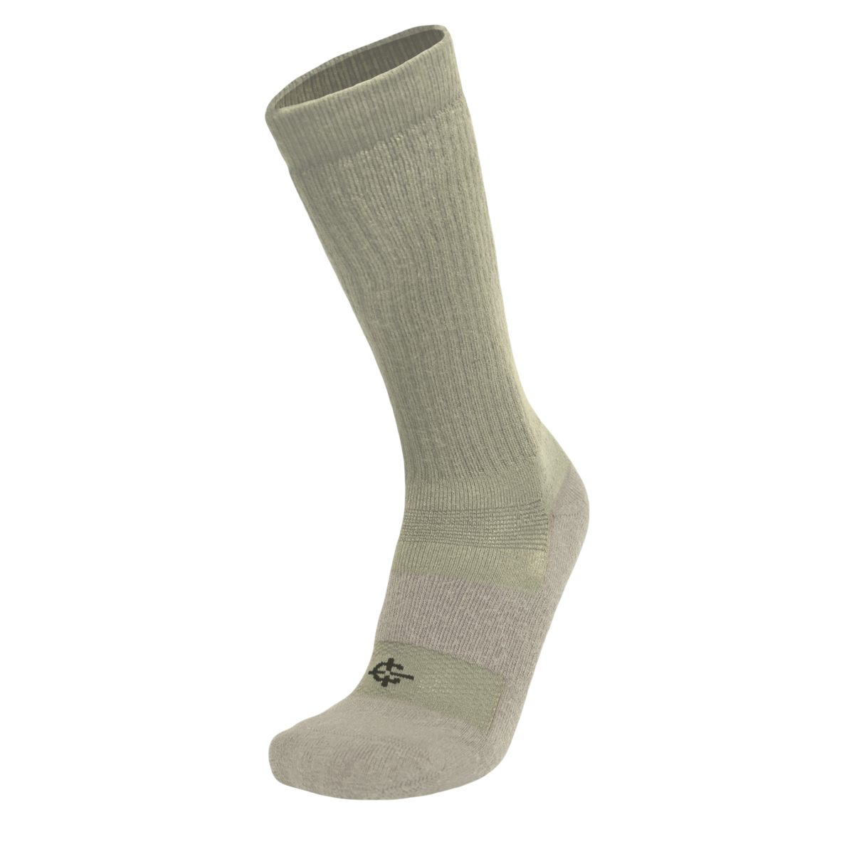 A single mid-calf athletic sock in a muted sage green color, shown floating against a solid white background.