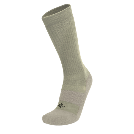 A single mid-calf athletic sock in a muted sage green color, shown floating against a solid white background.