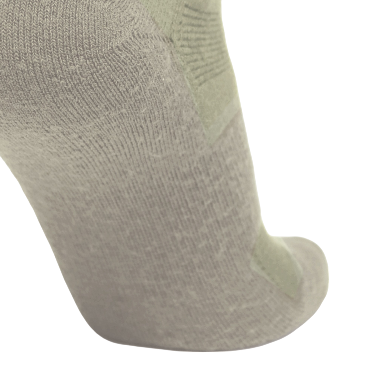 Close-up of a light gray knit sock with a slightly lighter sage green reinforced heel and toe area, shown against a plain white background.