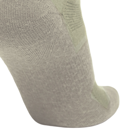 Close-up of a light gray knit sock with a slightly lighter sage green reinforced heel and toe area, shown against a plain white background.