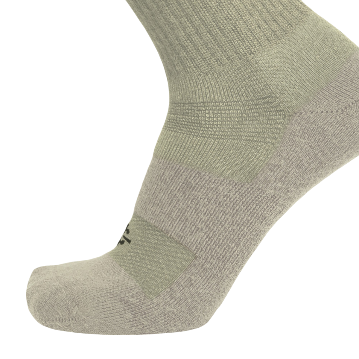 A close-up of a single sock on a white background, showing its ribbed knit texture and color-blocked design in light olive green and heather gray.