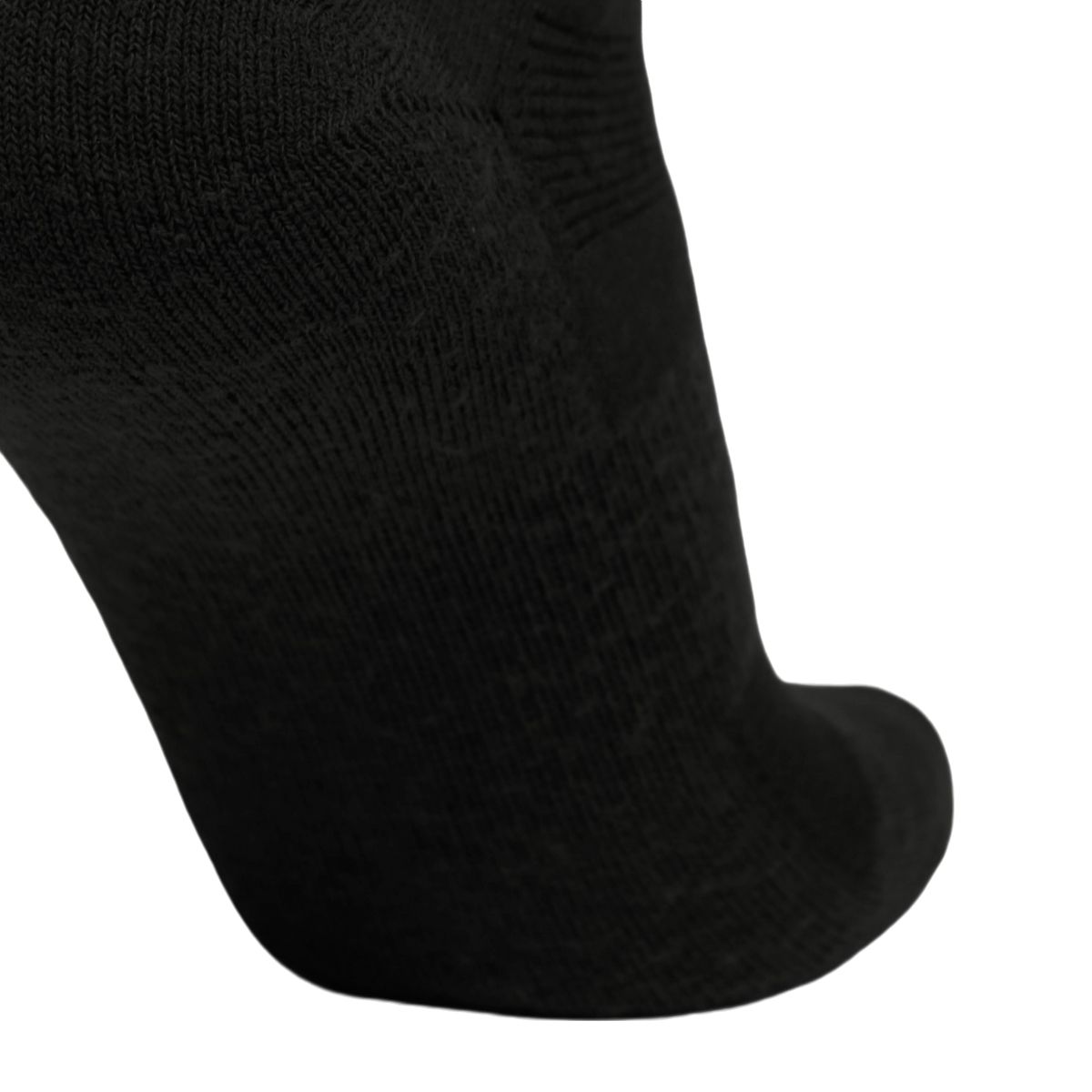 Close-up of a black knit sock showing the ribbed texture and toe area against a plain white background.