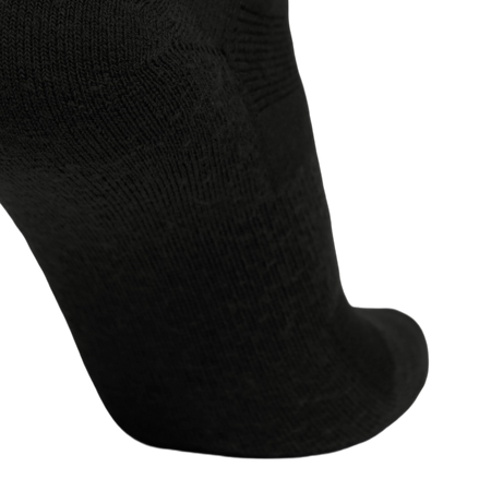 Close-up of a black knit sock showing the ribbed texture and toe area against a plain white background.