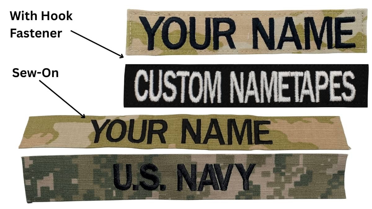 Four embroidered name tapes and a U.S.