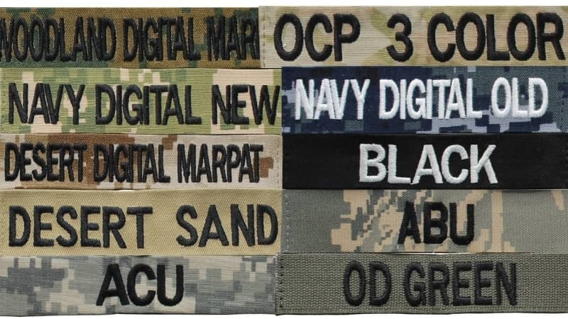 Collection of military camouflage patterns and text labels on a striped background