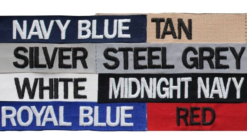Color swatches labeled with various color names including navy blue, tan, silver, steel grey, white, midnight navy, royal blue, and red.