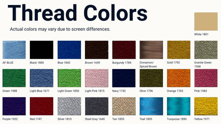 Color swatch chart for thread colors with text indicating actual colors may vary due to screen differences.