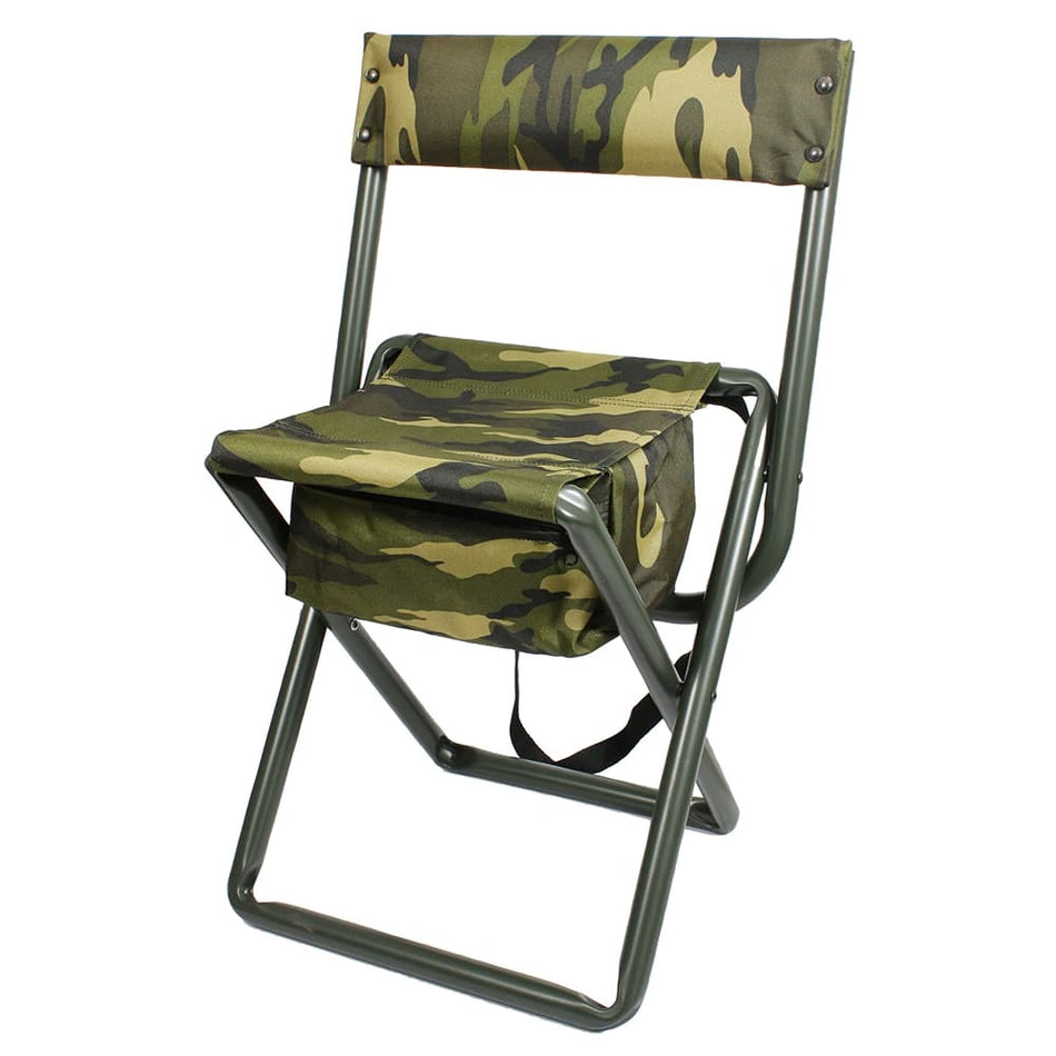 Deluxe Folding Stool With Pouch Woodland Camo by Rothco on a white background