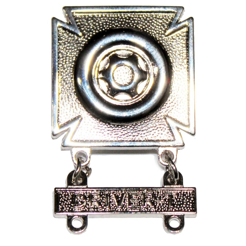 A silver-toned metal badge featuring a square Maltese cross with a central circular emblem, suspended from a horizontal bar engraved with the word 'Driver'.