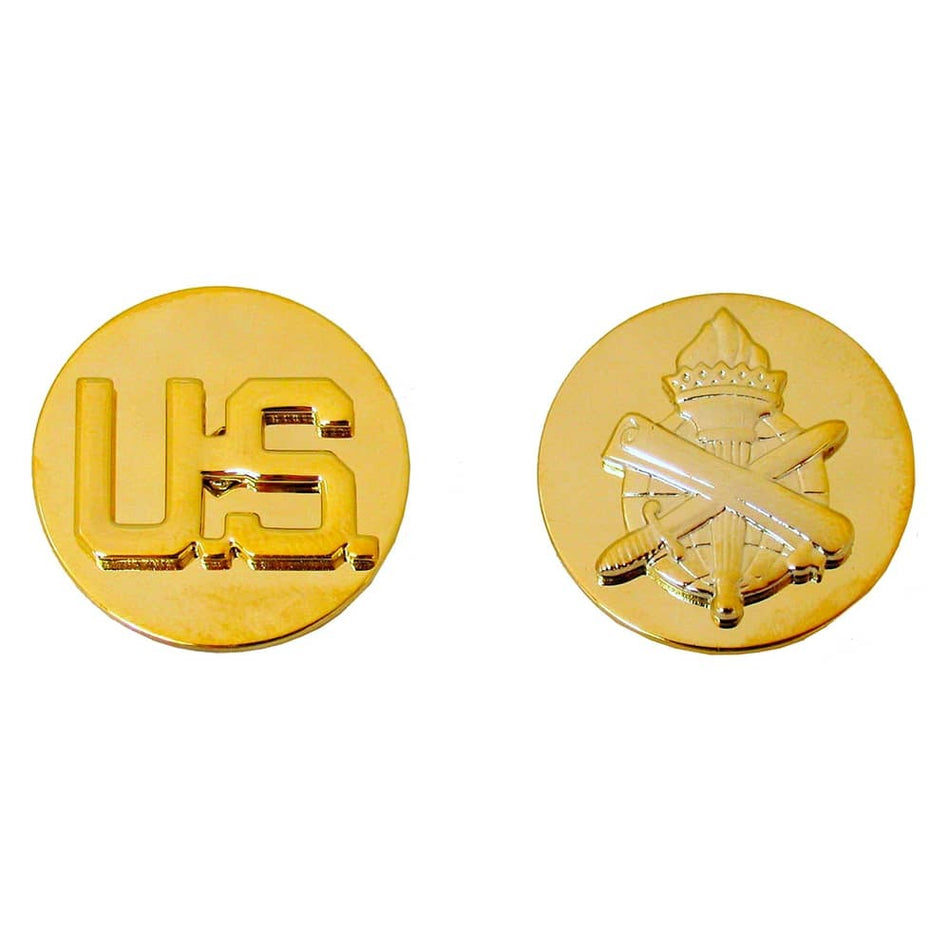 Two round gold military-style medallions shown side by side on a plain white background. The left coin features the letters 'US' in raised relief, and the right coin shows a crest with crossed swords and a crown.