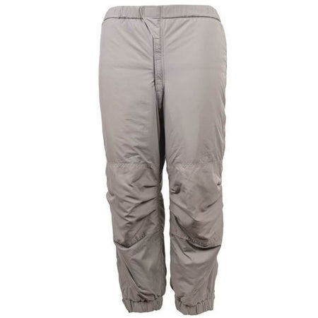 A pair of light gray insulated pants with elastic cuffs, shown from the back against a plain white background.