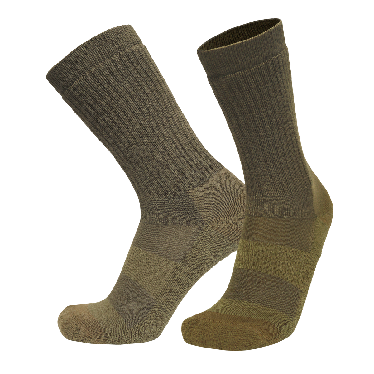 A pair of ribbed crew socks in olive green and tan, shown against a plain white background.