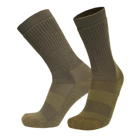 A pair of ribbed crew socks in olive green and tan, shown against a plain white background.