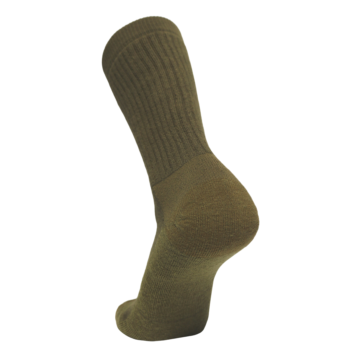 An olive green crew sock shown from a side profile on a plain white background.
