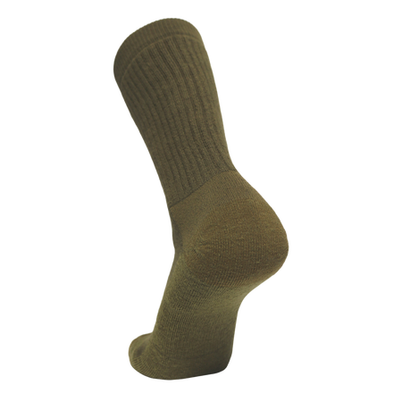 An olive green crew sock shown from a side profile on a plain white background.