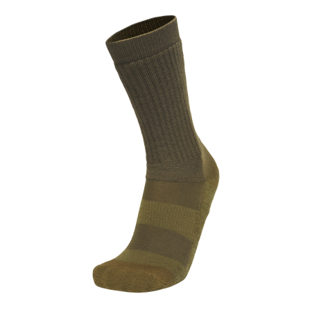 A single crew-length athletic sock in olive green with horizontal stripes on the foot, shown on a plain white background.