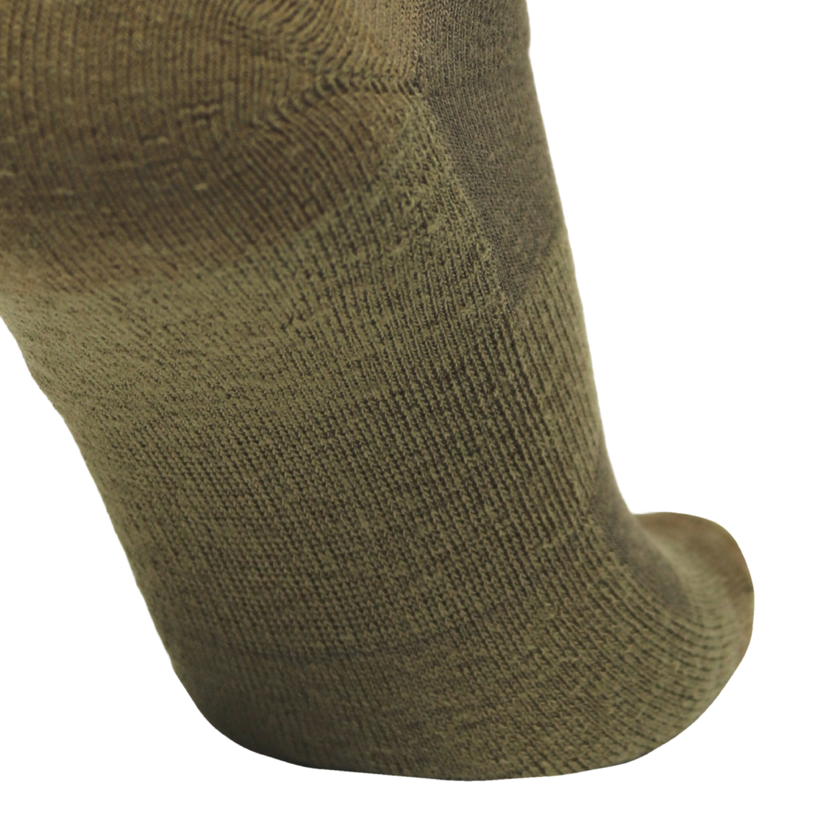 Close-up of a ribbed knit sock in an olive green color, showing the texture and construction against a plain white background.