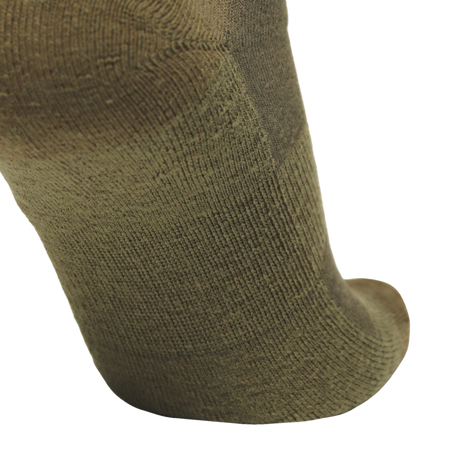 Close-up of a ribbed knit sock in an olive green color, showing the texture and construction against a plain white background.