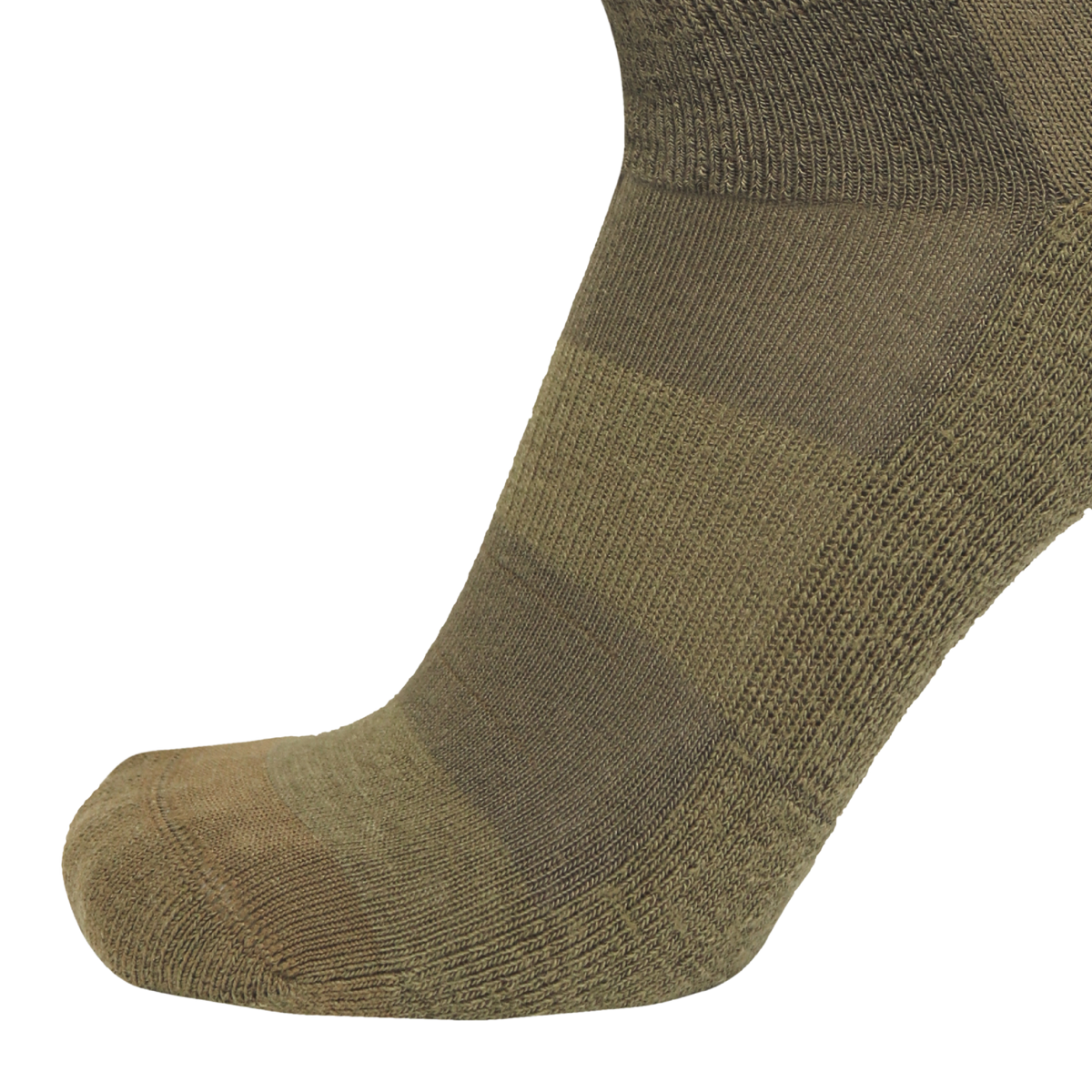 A close-up of a single sock shown on a foot form or mannequin, with a ribbed knit texture and horizontal color-blocked stripes in olive green and brown tones, isolated on a white background.