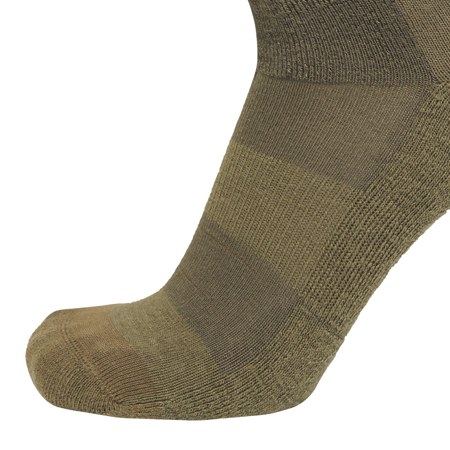 A close-up of a single sock shown on a foot form or mannequin, with a ribbed knit texture and horizontal color-blocked stripes in olive green and brown tones, isolated on a white background.