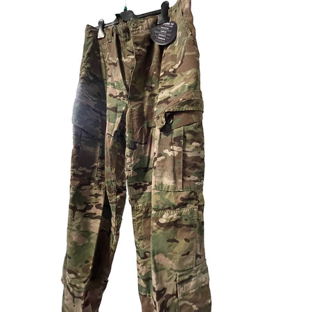 FRACU Multicam Pants with reinforced knee patches and a black hangtag, shown hanging on a black hanger against a white background.