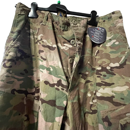 FRACU Multicam Pants, hanging on a black hanger with a black hangtag attached.