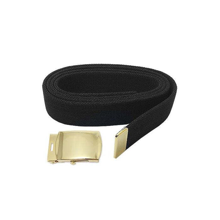 A black woven canvas belt with a polished gold metal buckle, coiled on a plain white background.
