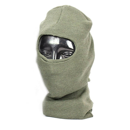 An olive green ribbed knit balaclava mask displayed on a black mannequin head against a plain white background.