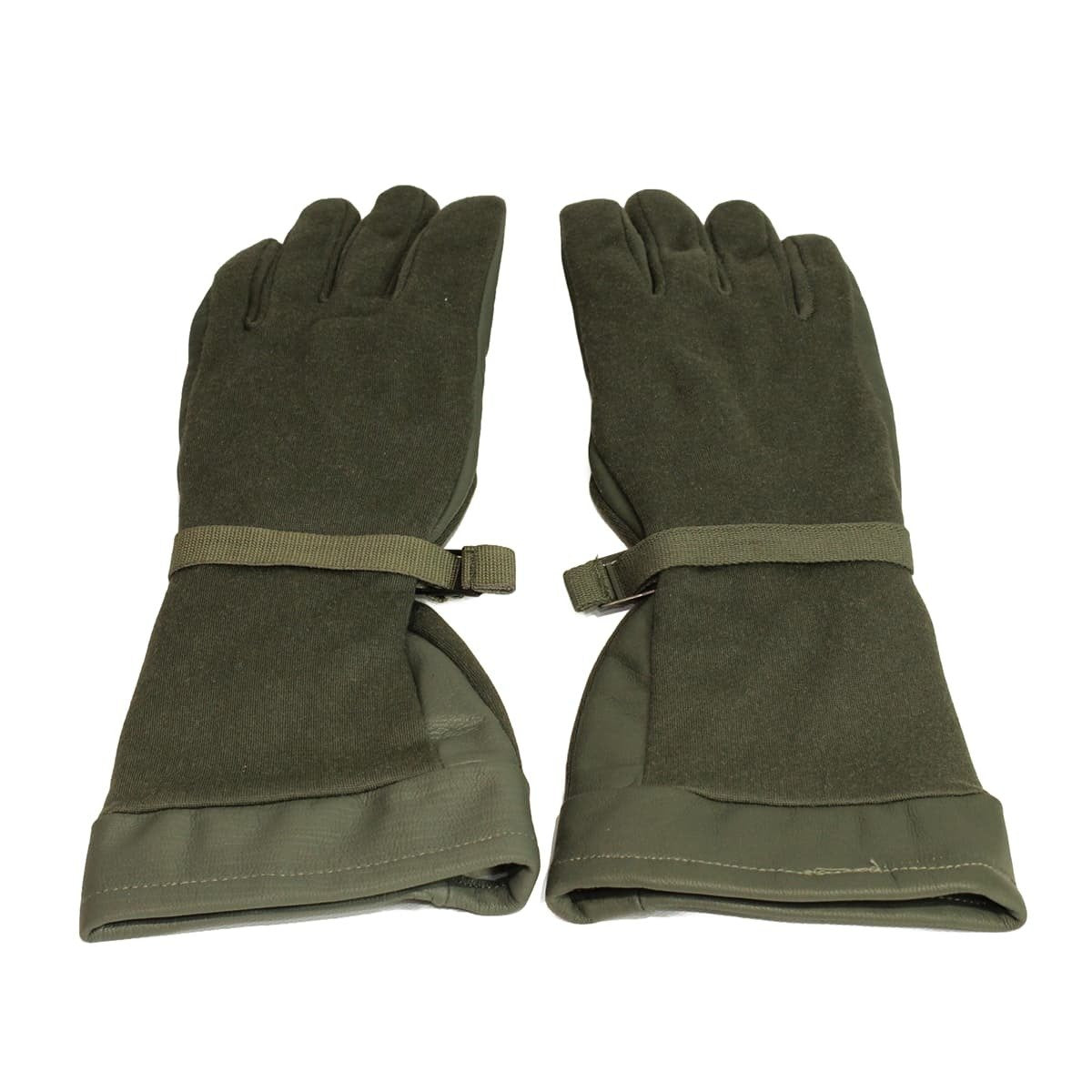 A pair of USGI Fuel Handler gloves with adjustable wrist straps, displayed flat against a white background.