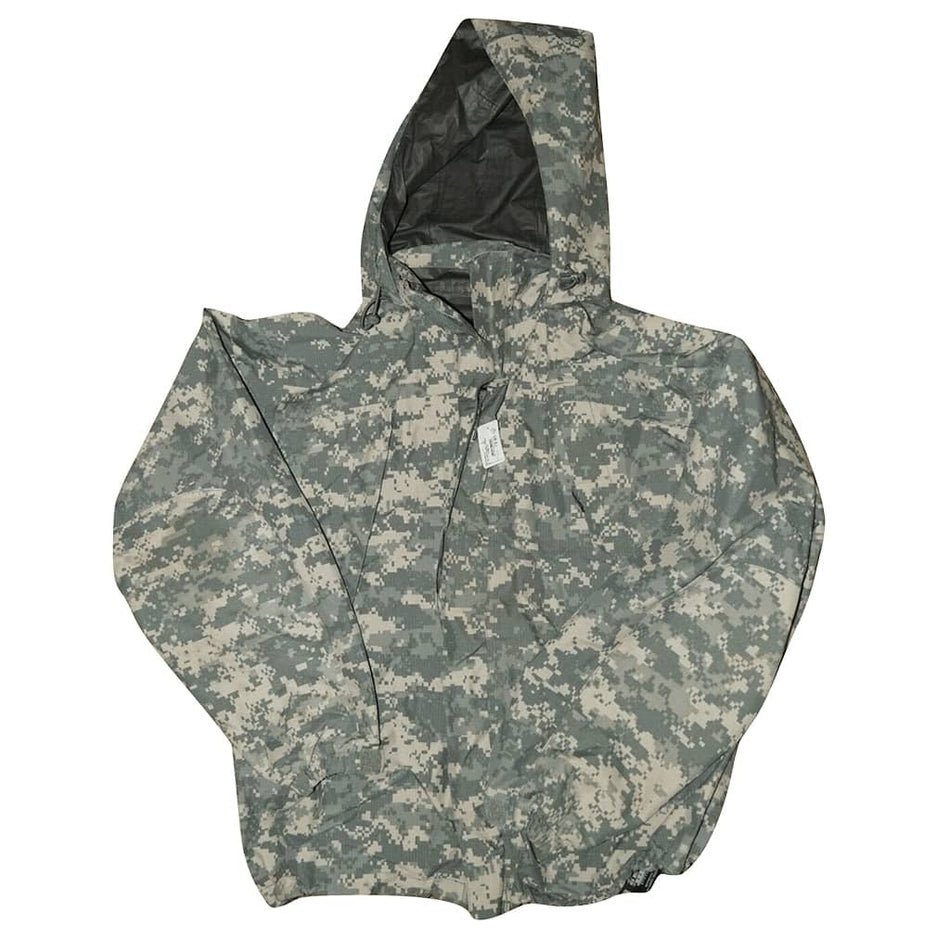 A hooded jacket with a digital camouflage pattern in shades of green, gray, and beige, laid flat against a white background.
