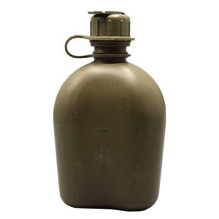 An olive drab green plastic canteen with a screw-on cap and carrying loop, isolated on a white background.