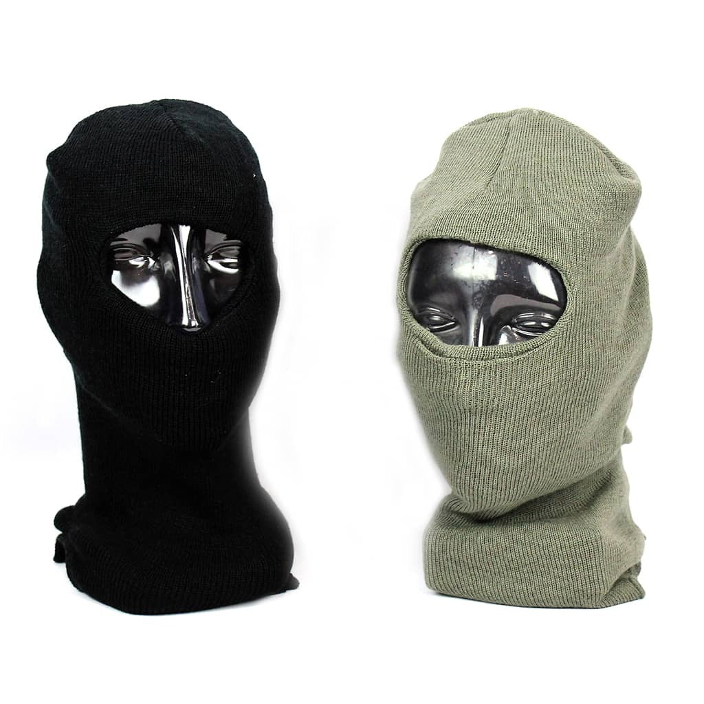 Two knit balaclavas displayed on mannequin heads against a plain white background: one in black and one in olive green.
