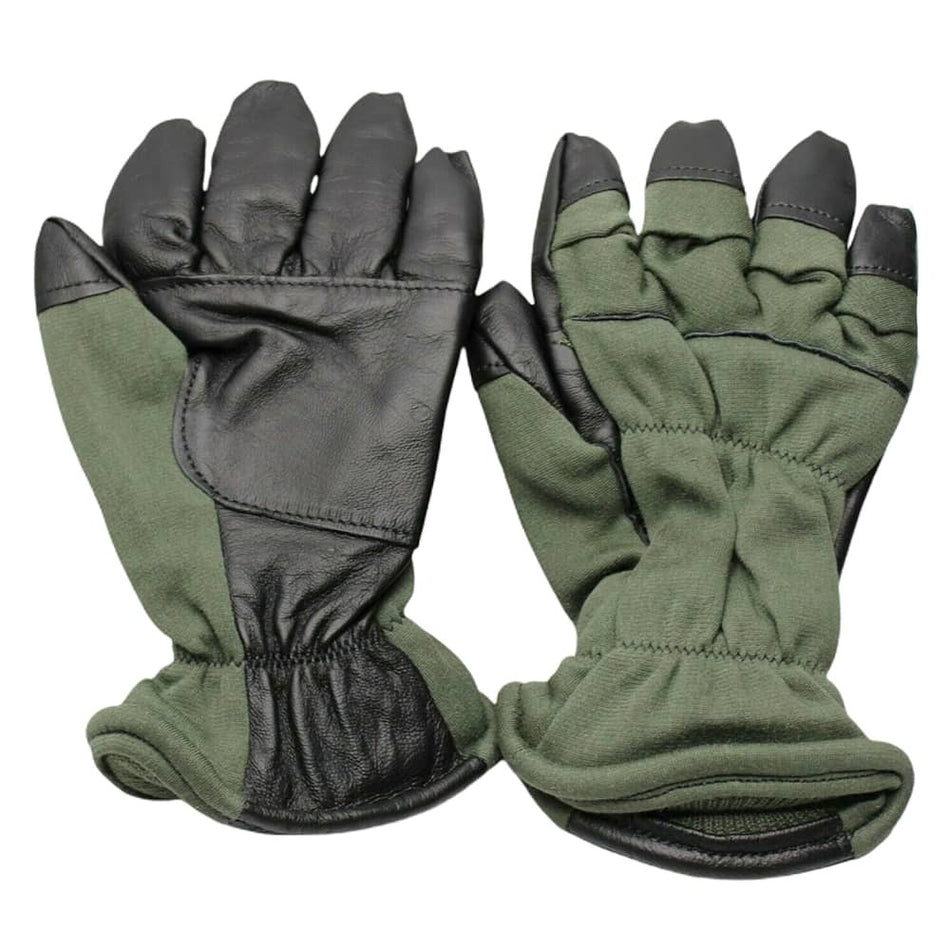 A pair of USGI Flyers Gloves Nomex in foliage green and black, showing both the back of one glove and the palm of the other on a plain white background.