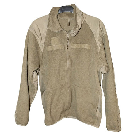A military-style fleece jacket in a muted khaki/tan color, featuring a full zip front, a stand-up collar, and a high ribbed collar, displayed on a hanger against a white background.