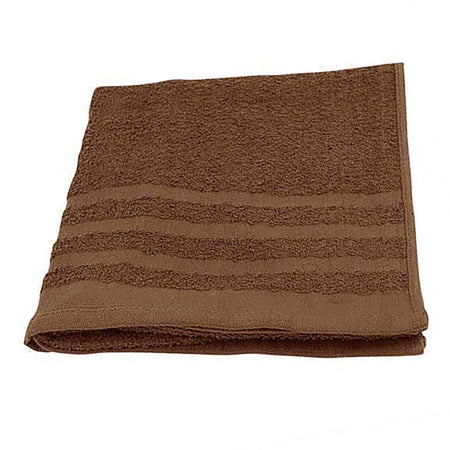 A folded brown cotton hand towel with textured terry cloth and horizontal striped bands, shown on a plain white background.