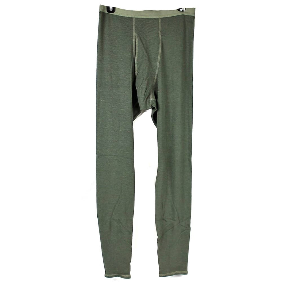 A pair of olive green men's thermal underwear leggings with a built-in waistband, shown flat against a white background.