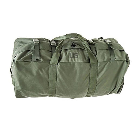 Green military duffel bag with 'US' logo on a white background