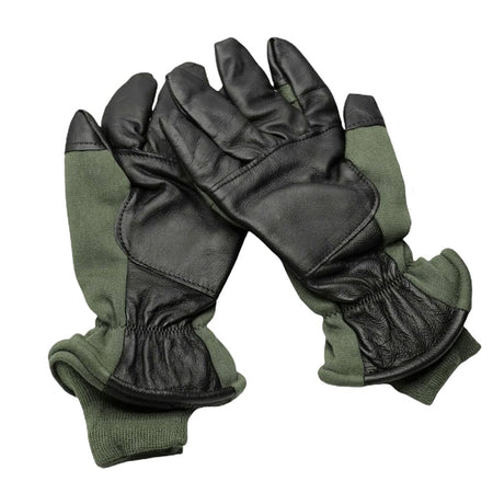 A pair of USGI Flyers Gloves with black leather palms and fingers and olive green fabric backs and cuffs, displayed against a solid white background.