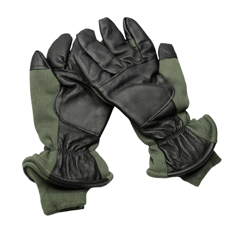 A pair of USGI Flyers Gloves with black leather palms and fingers and olive green fabric backs and cuffs, displayed against a solid white background.
