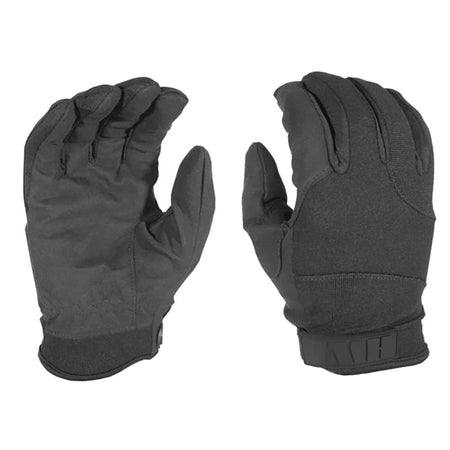 A pair of black tactical gloves shown from the back, displaying the back of the hand and wrist closure, set against a plain white background.