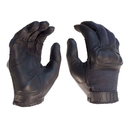 A pair of black tactical gloves shown from both the palm and back-of-hand sides against a plain white background.