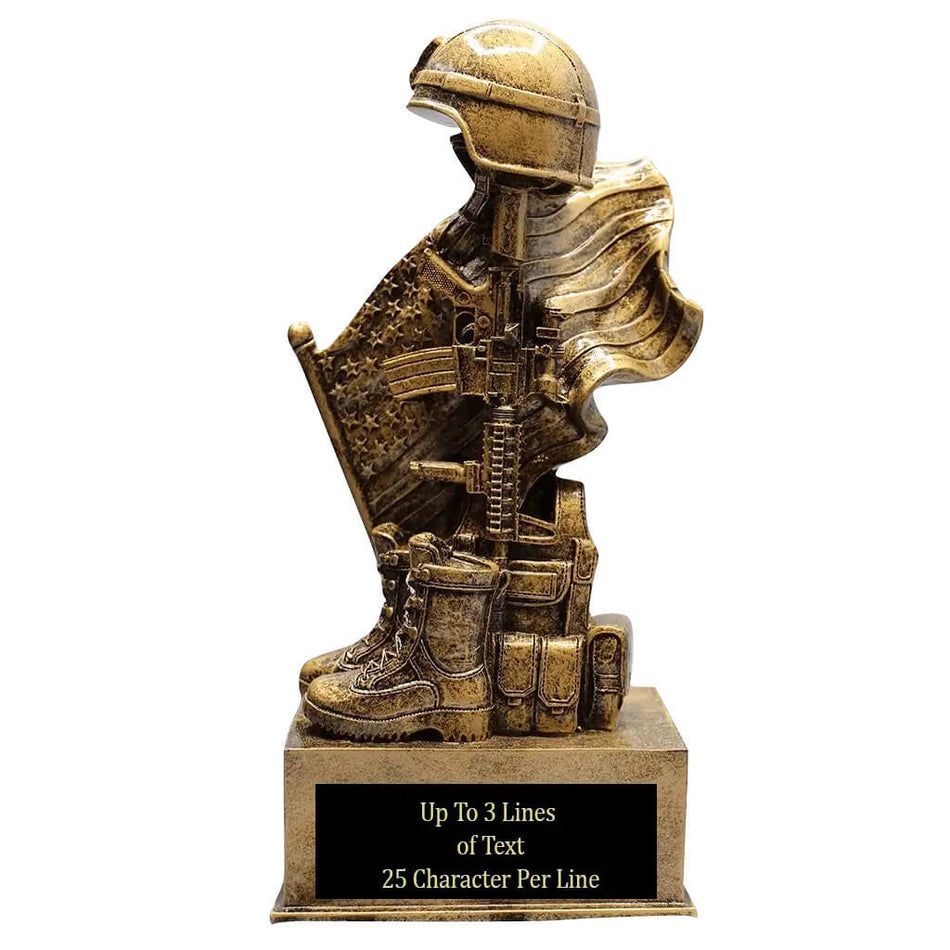 Personalized Military Memorial Statue – Antique Gold Resin Helmet on Rifle with Flag and Boot