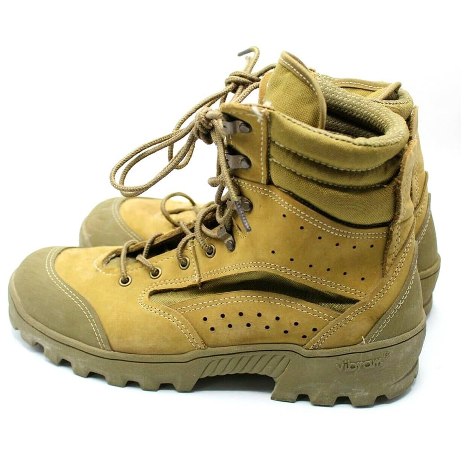 A pair of tan tactical combat boots with brown laces and soles, shown on a plain white background.