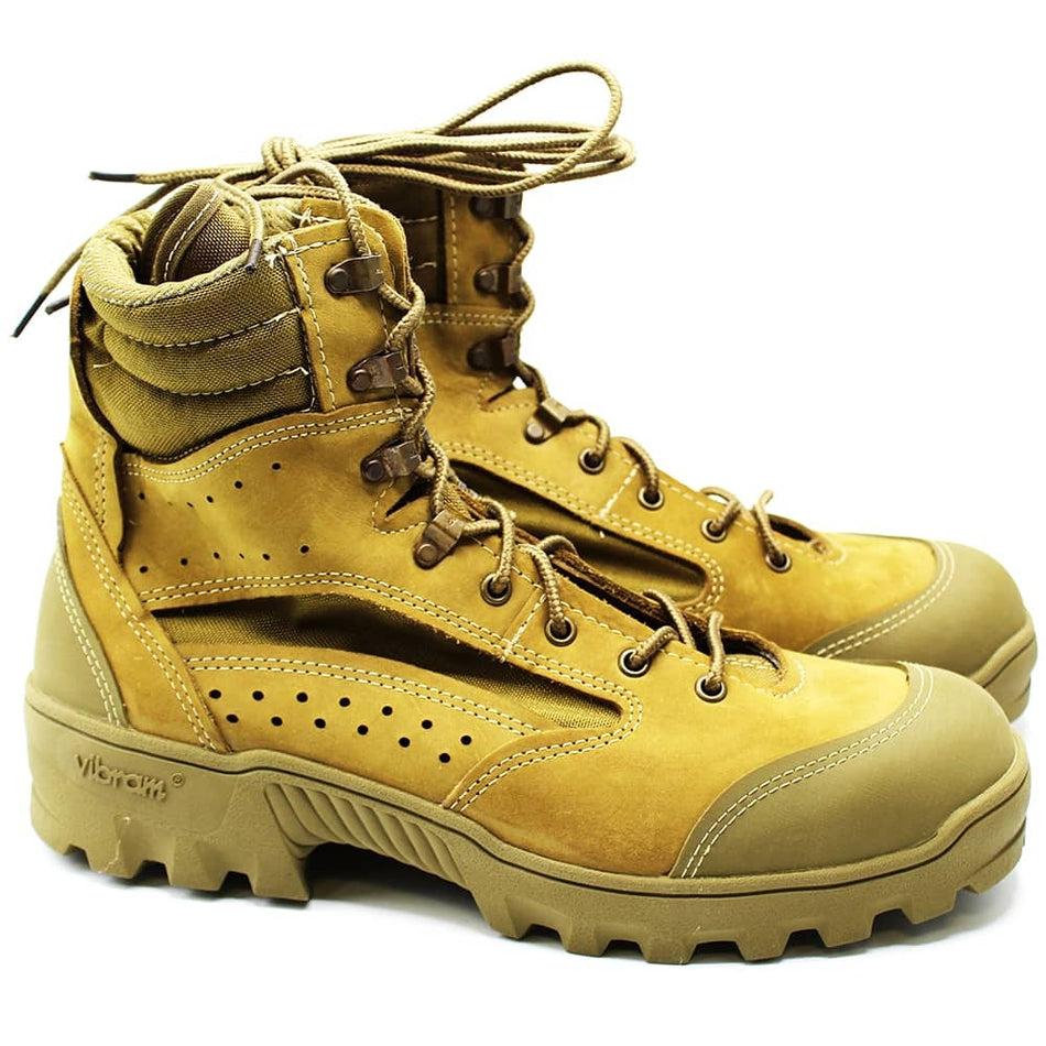 A pair of tan tactical combat boots with brown laces and metal eyelets, shown on a plain white background.