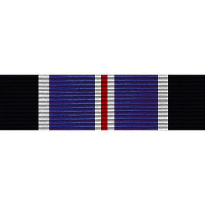 A military ribbon with a black field, white and silver stripes, a red center stripe, and a blue field with horizontal ribbing.