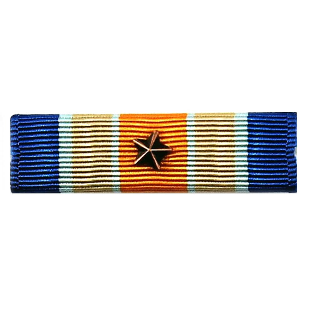 A military ribbon bar with blue, gold, and white stripes, featuring a central gold star insignia, shown on a plain white background.