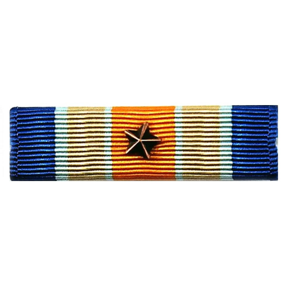 A military ribbon bar with blue, gold, and white stripes, featuring a central gold star insignia, shown on a plain white background.