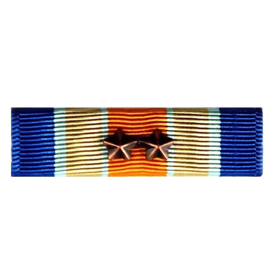A military ribbon bar with vertical stripes of blue, gold, and orange, featuring two bronze star pins at the center, shown against a plain white background.